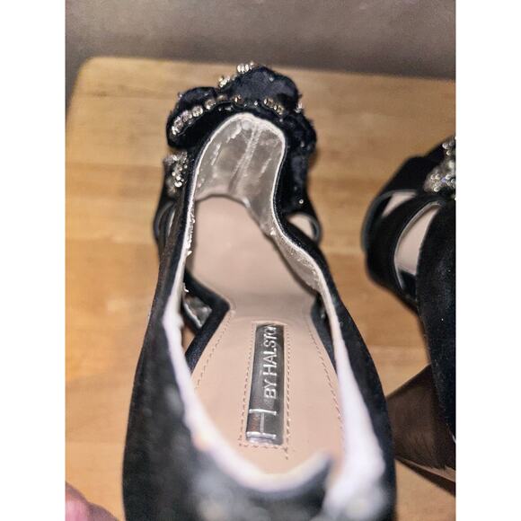 H by Halston Black Satin Rhinestone Platform Heels 7M Silver Tone 5.5” Open Toe - Picture 14 of 16